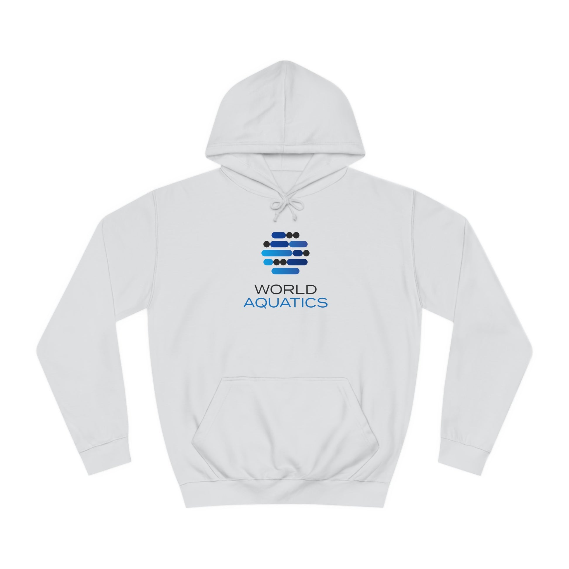 Back view of white World Aquatics Hoodie with printed logo – minimalist sporty look.