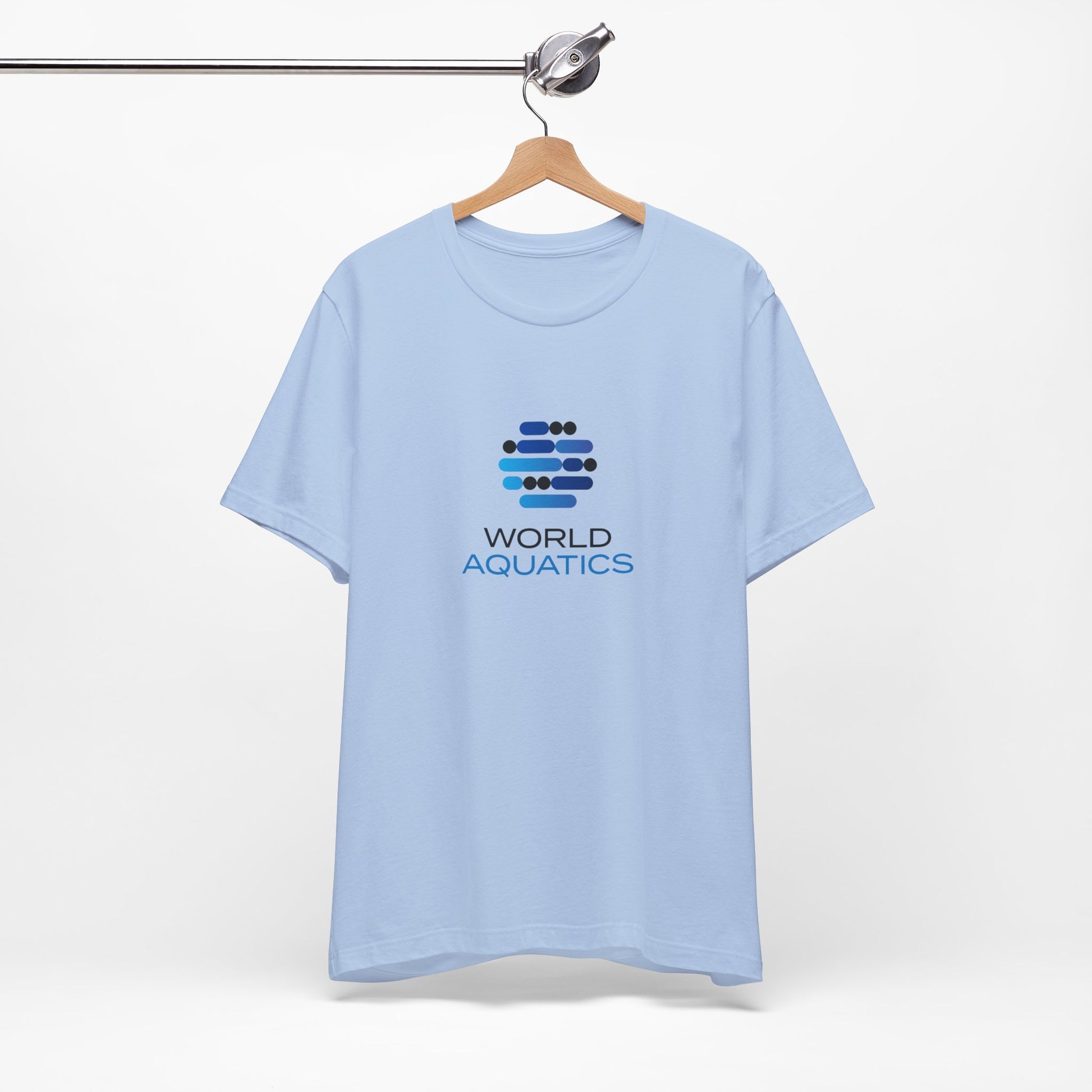 Light blue t-shirt with World Aquatics logo on a hanger against a white background