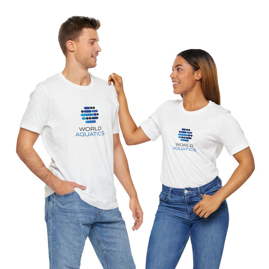 Man and woman wearing World Aquatics Unisex T-Shirt – soft cotton tee with logo, perfect for casual or sporty looks.