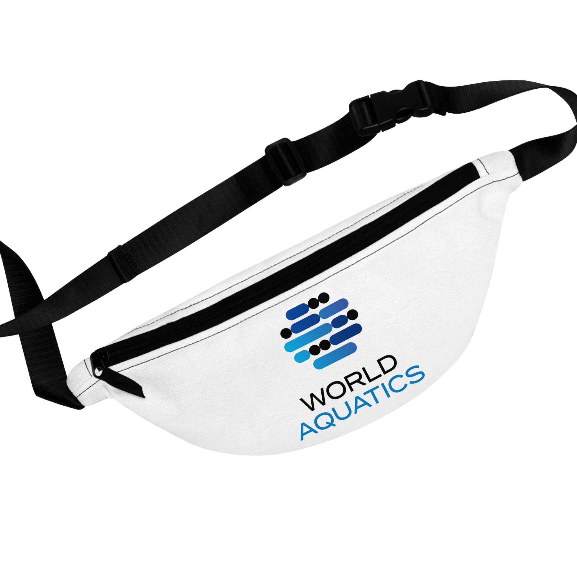White fanny pack with black strap featuring World Aquatics logo on a white background