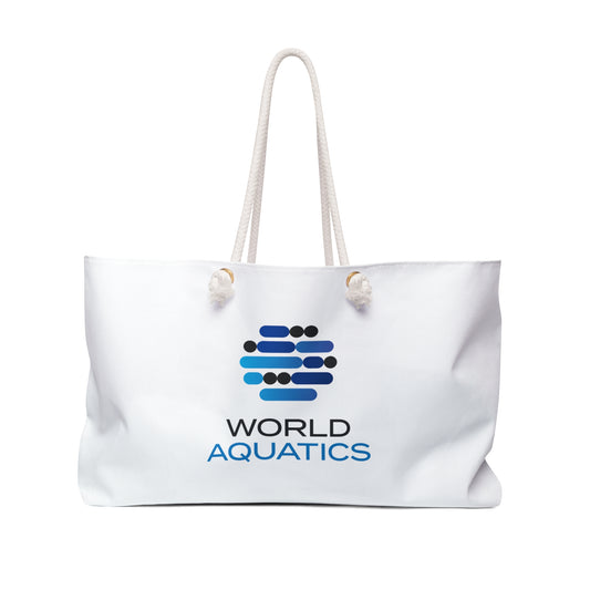 World Aquatics Weekender Tote Bag – front view of large white beach tote with World Aquatics logo and durable rope handles.