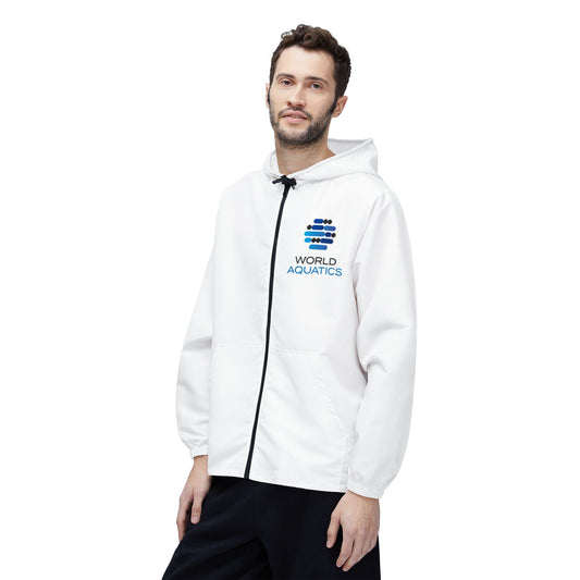 Man wearing World Aquatics Windbreaker Jacket – lightweight white jacket with logo, ideal for outdoor activities.