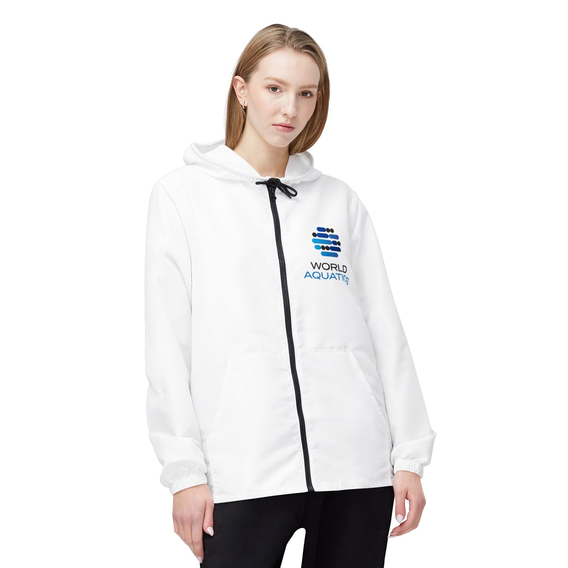 Woman wearing World Aquatics Windbreaker Jacket – stylish unisex outerwear for running or casual wear.