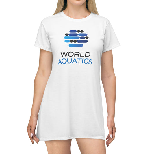 World Aquatics Women’s T-Shirt Dress – front view of the breathable lightweight polyester dress with relaxed fit and bold design.