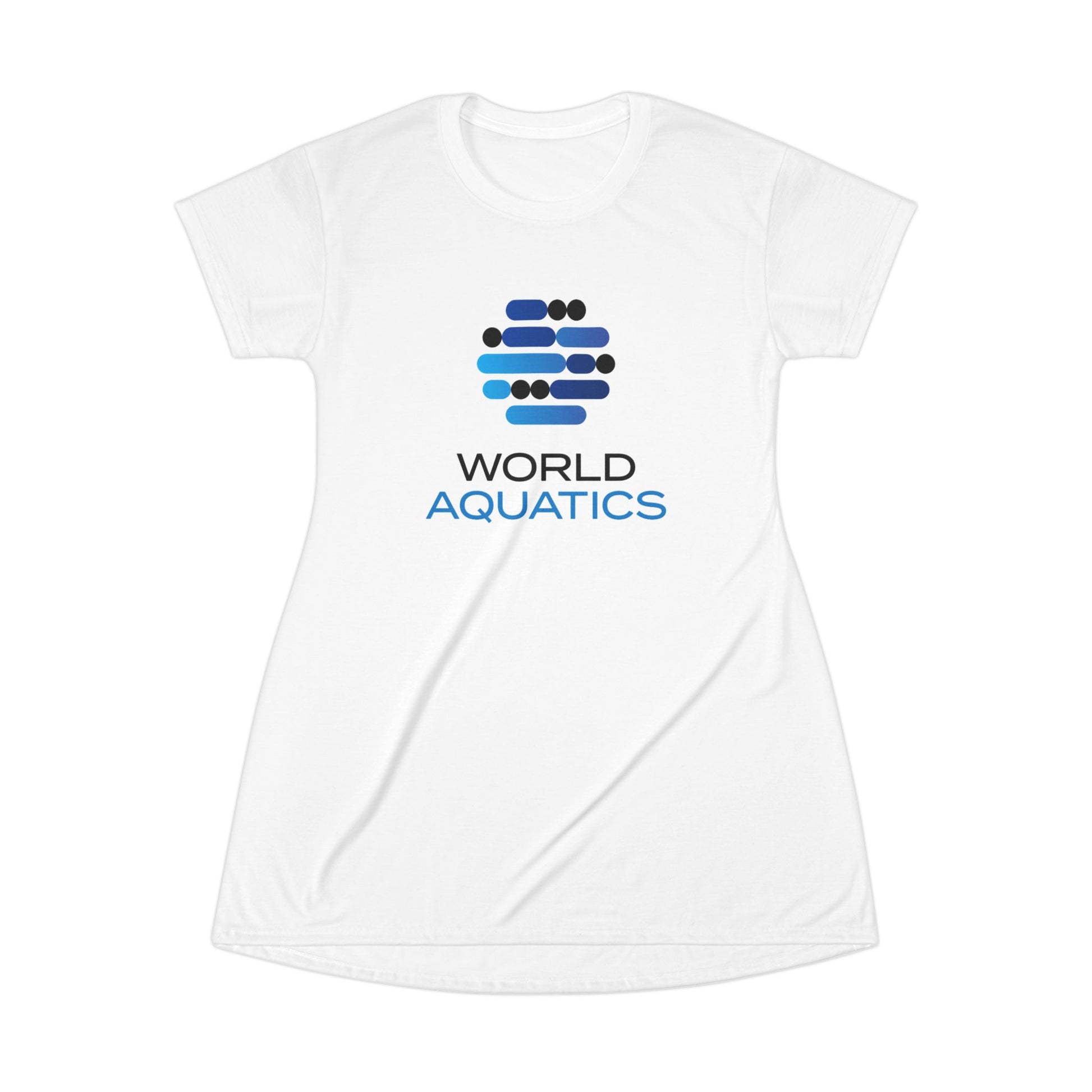 Side view of World Aquatics Women’s T-Shirt Dress highlighting the medium-weight fabric, comfortable drape and casual style.
