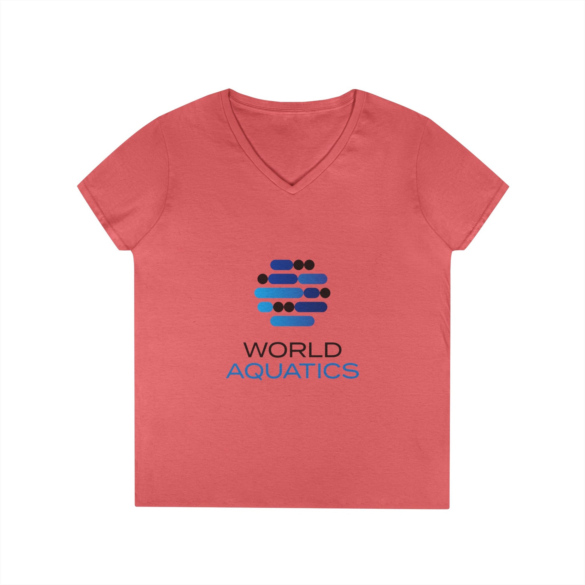 Red V-neck t-shirt with World Aquatics logo on a white background