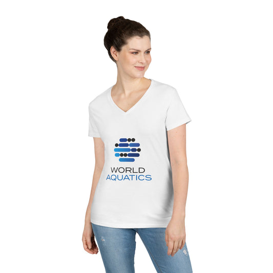 World Aquatics Women’s V-Neck T-Shirt – front view showcasing soft 100% U.S. cotton fabric, classic fit and clean neckline.