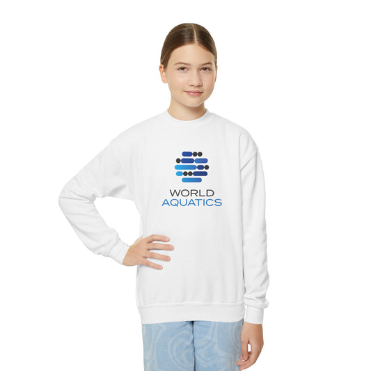 Young model wearing the World Aquatics Youth Sweatshirt – soft cotton-blend crewneck with World Aquatics logo, perfect for school or sports.
