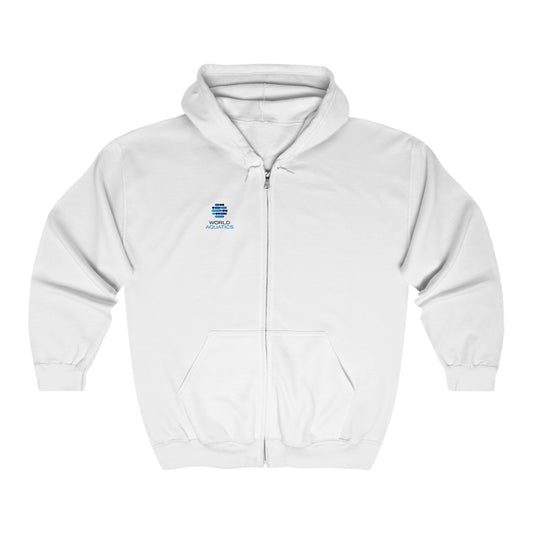 White World Aquatics Zip-Up Hoodie – classic front zip sweatshirt with logo, soft fleece for everyday comfort.