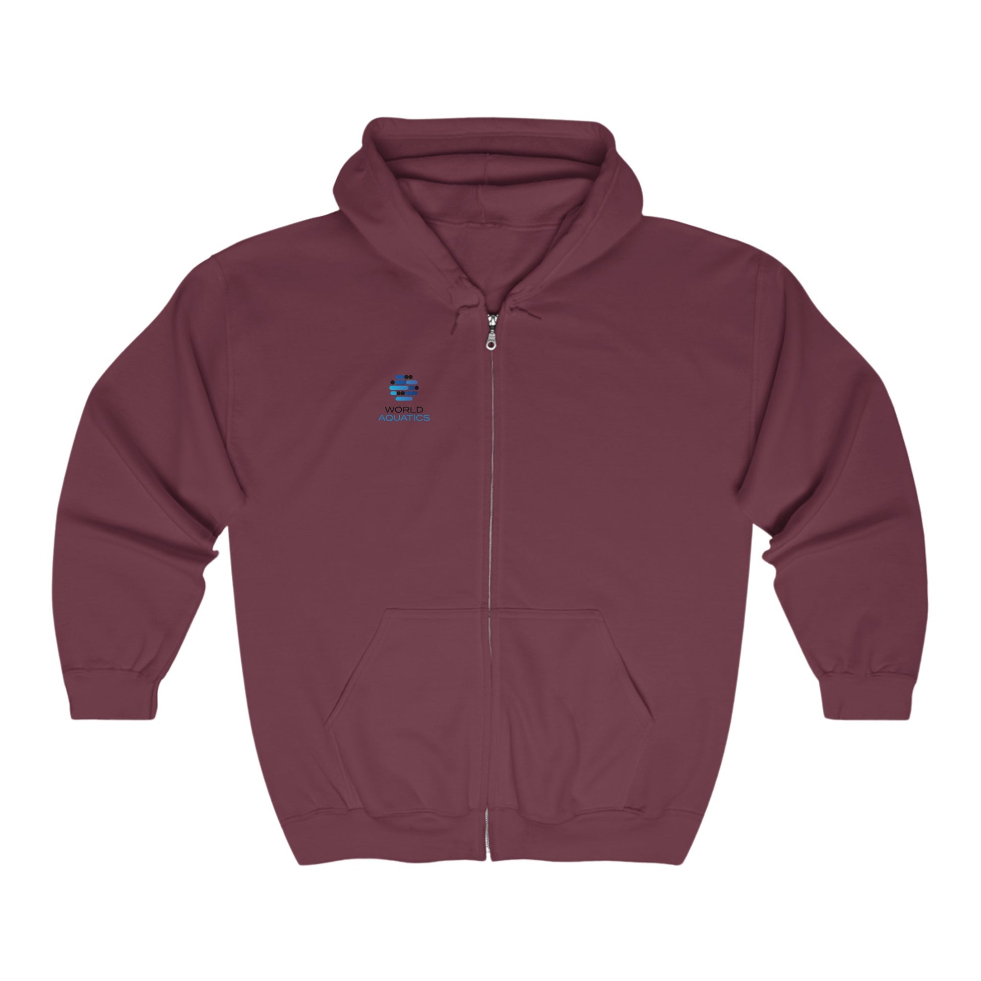 Maroon World Aquatics Zip-Up Hoodie – premium cotton blend with cozy lining and front pockets.