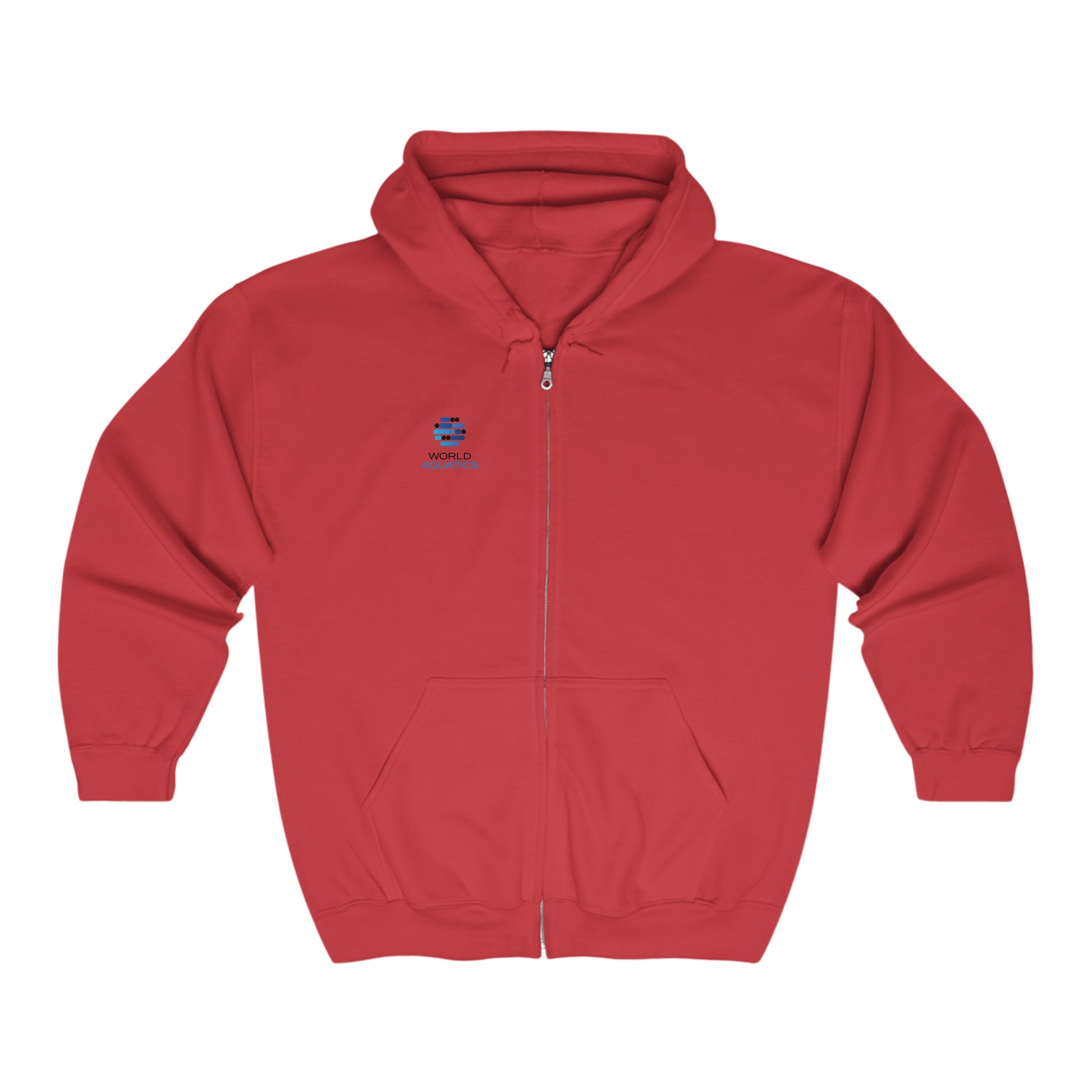 Red World Aquatics Zip-Up Hoodie – soft unisex fleece with full zipper and adjustable hood.